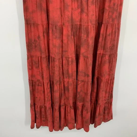 Reba Dress Red Tie Dye V Neck Sleeveless Midi Tiered Ruffle Boho - Picture 8 of 8